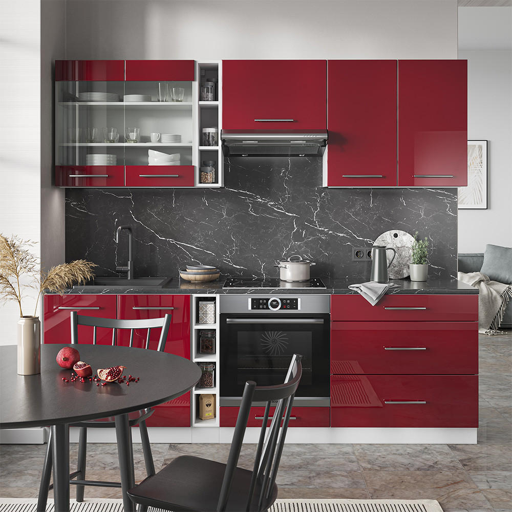 KÜCHENZEILE Fame-Line Bordeaux Hochglanz/Weiß 235 cm, AP Anthrazit - Bordeaux/Weiß, Holzwerkstoff (235/81.6/60cm) - Vicco