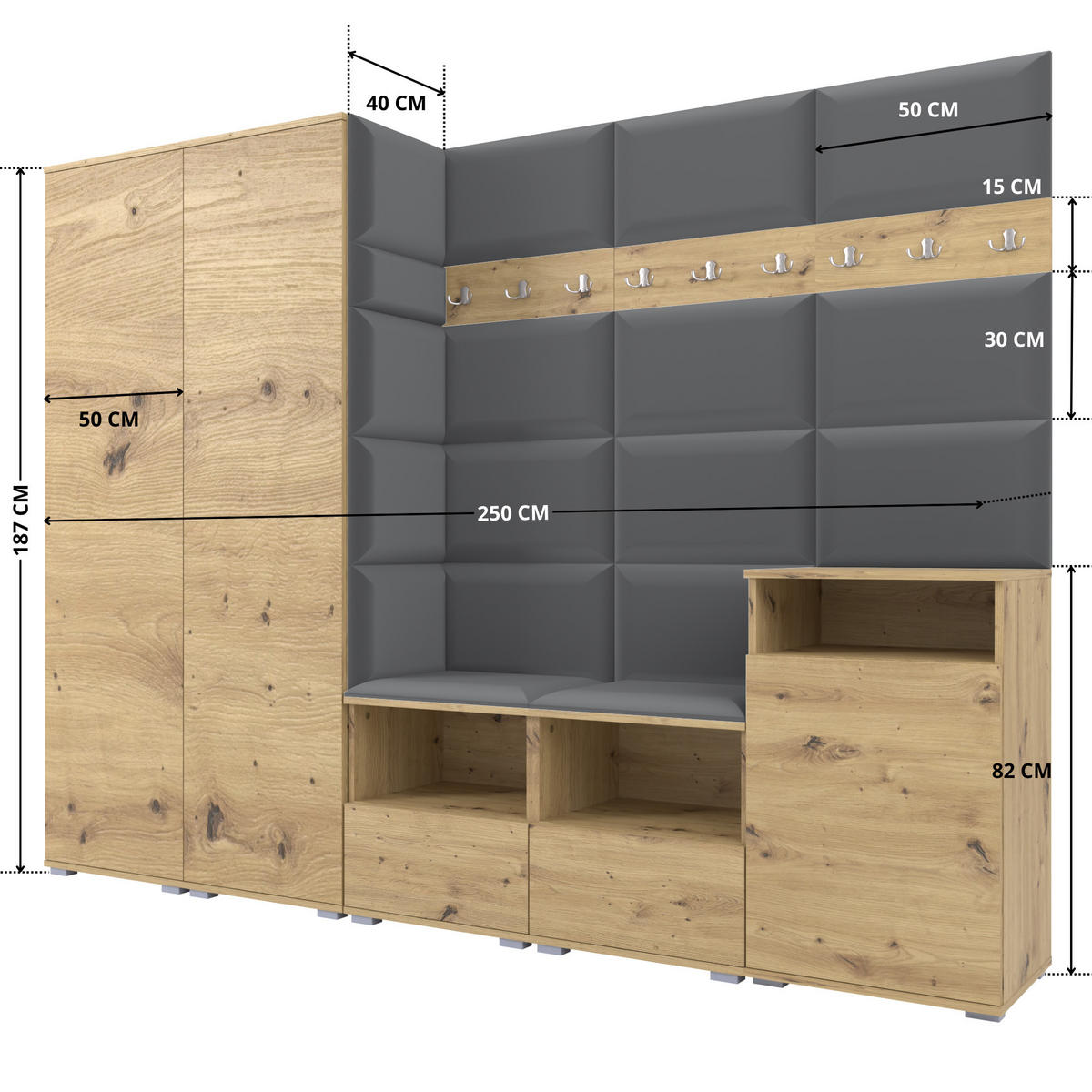 GARDEROBE NELA VIII 250 cm (Modulare Flurmöbel Artisan Eiche mit Sitzpolster Dunkelgrau 15 2 Schränke + Sideboard) - Dunkelgrau/Silberfarben, Holz/Holzwerkstoff (250/187/40cm) - Ravio
