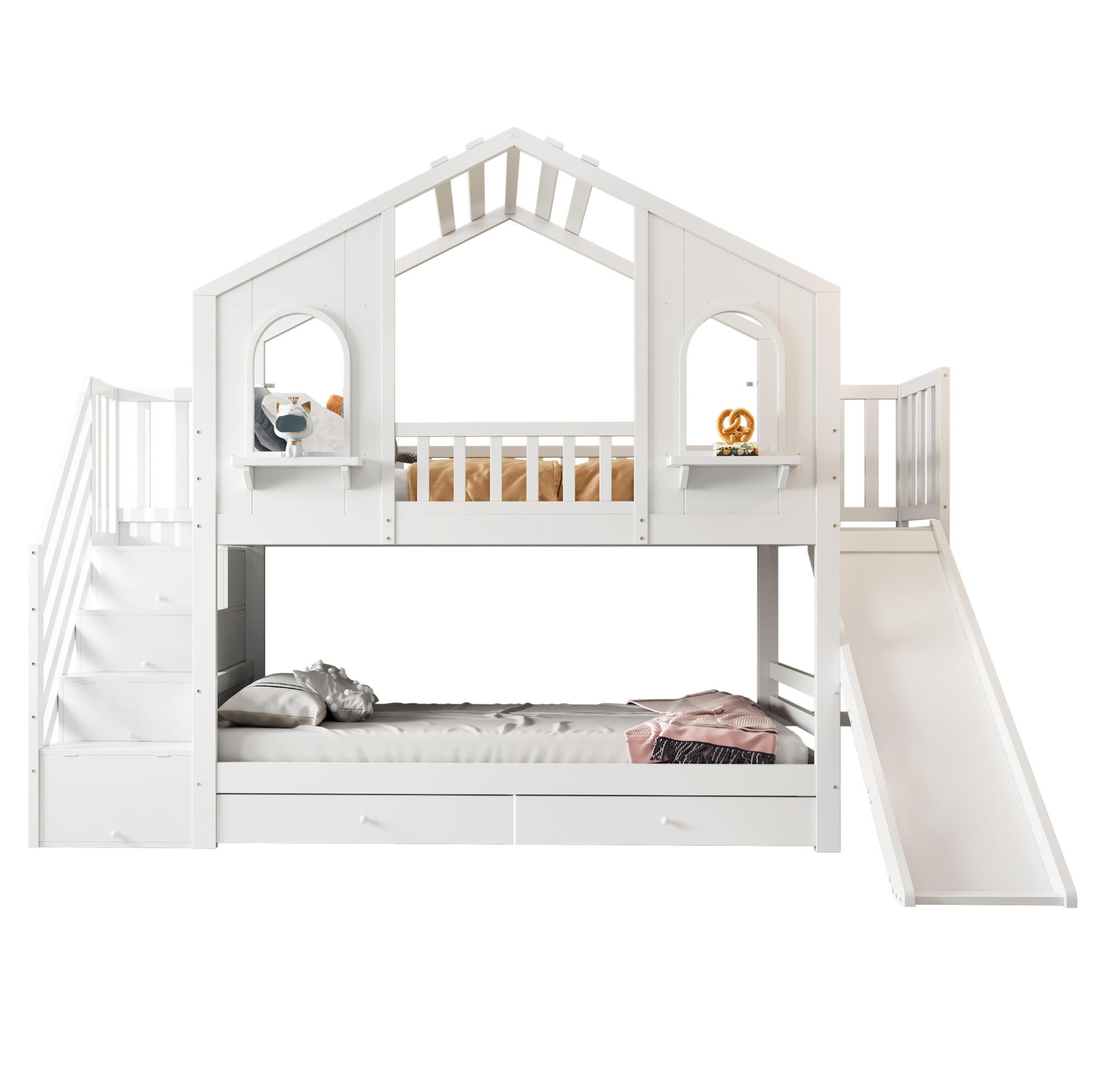 POSCHODOVÁ posteľ 90/200 cm biela s úložným rebríkom, šmykľavkou a zásuvkami z dreva - biela, kompozitné drevo (90/200cm) - OKWISH