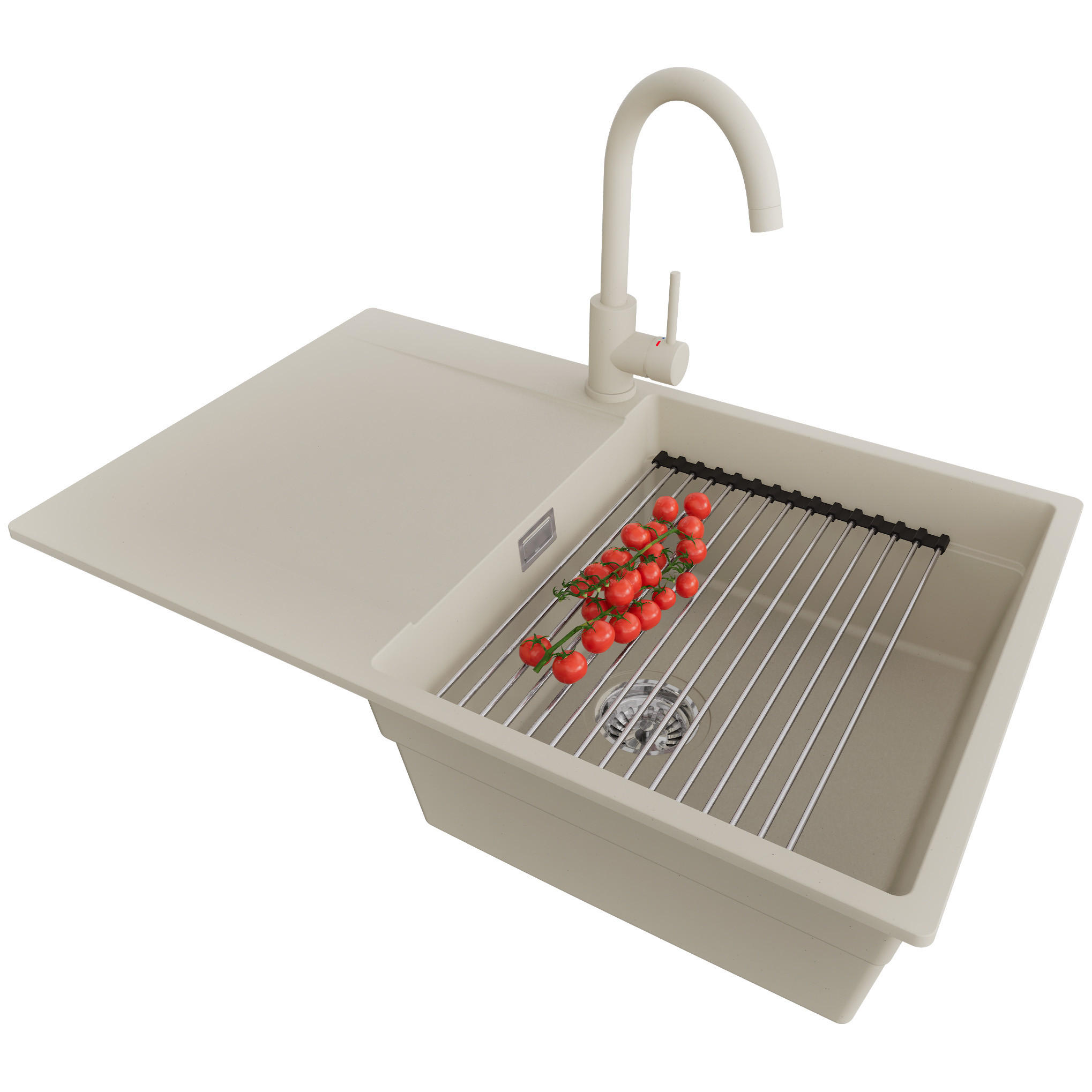 GRANITSPÜLE San Francisco, 2-er set Beige 78/50 cm 1 Becken + Küchenarmatur 32/20 cm + Ablauf-Set + Aufrollbare Abtropffläche ab 50er Unterschrank - Chromfarben/Beige, Kunststoff (78/20/50cm) - Primagran