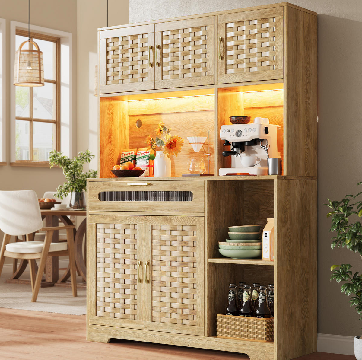 HOCHSCHRANK in MDF-Holzoptik mit geflochtenen Glasfronten, LED-App-Steuerung und USB, 120/40/180 cm, Naturfarben - Naturfarben, Holzwerkstoff (120/180/40cm) - Redom