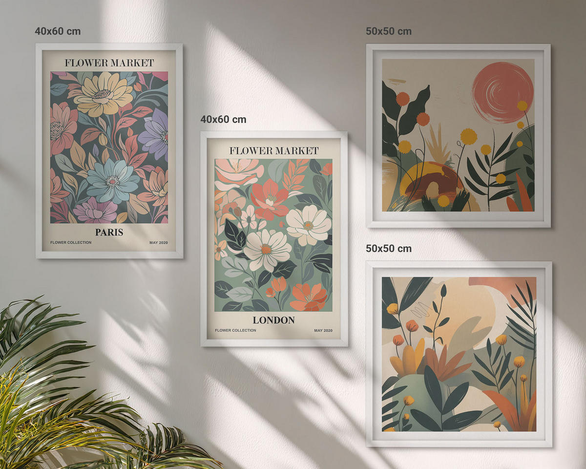 WANDBILDER 4er-Set - 50x50 cm & 40x60 cm Weißer Rahmen - Blumenposter Paris London - Weiß, Kunststoff (50/50cm) - ArtPrintCave