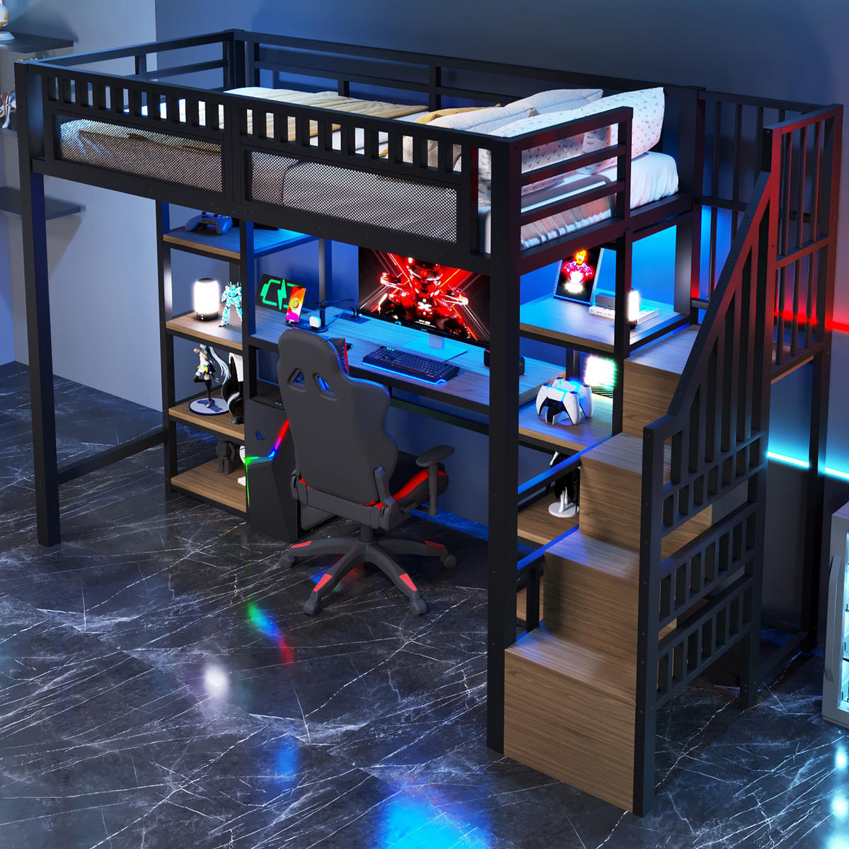 HOCHBETT aus Metall und MDF 90x200 cm Schwarz mit Schreibtisch, LED-Lichtleiste, USB-Anschluss und Stauraumleiter - Schwarz, Metall (90/200cm) - Modfu