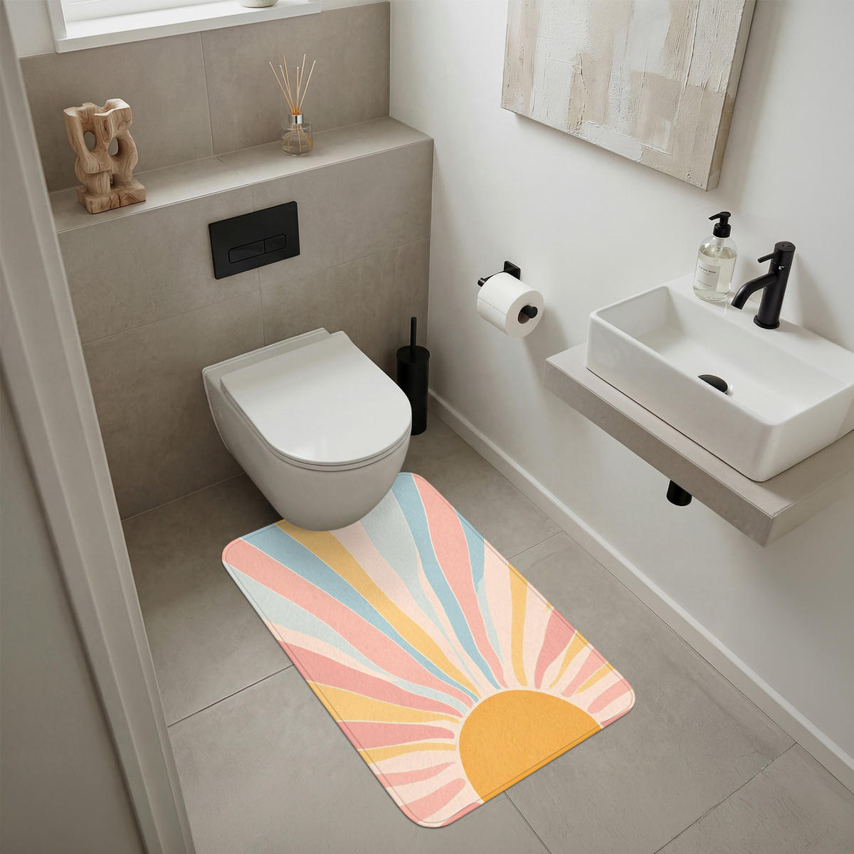 BADEMATTE Illustration - Sonne - Pastellfarben 60x90 cm - Pastellblau, Kunststoff/Textil (60/90cm)