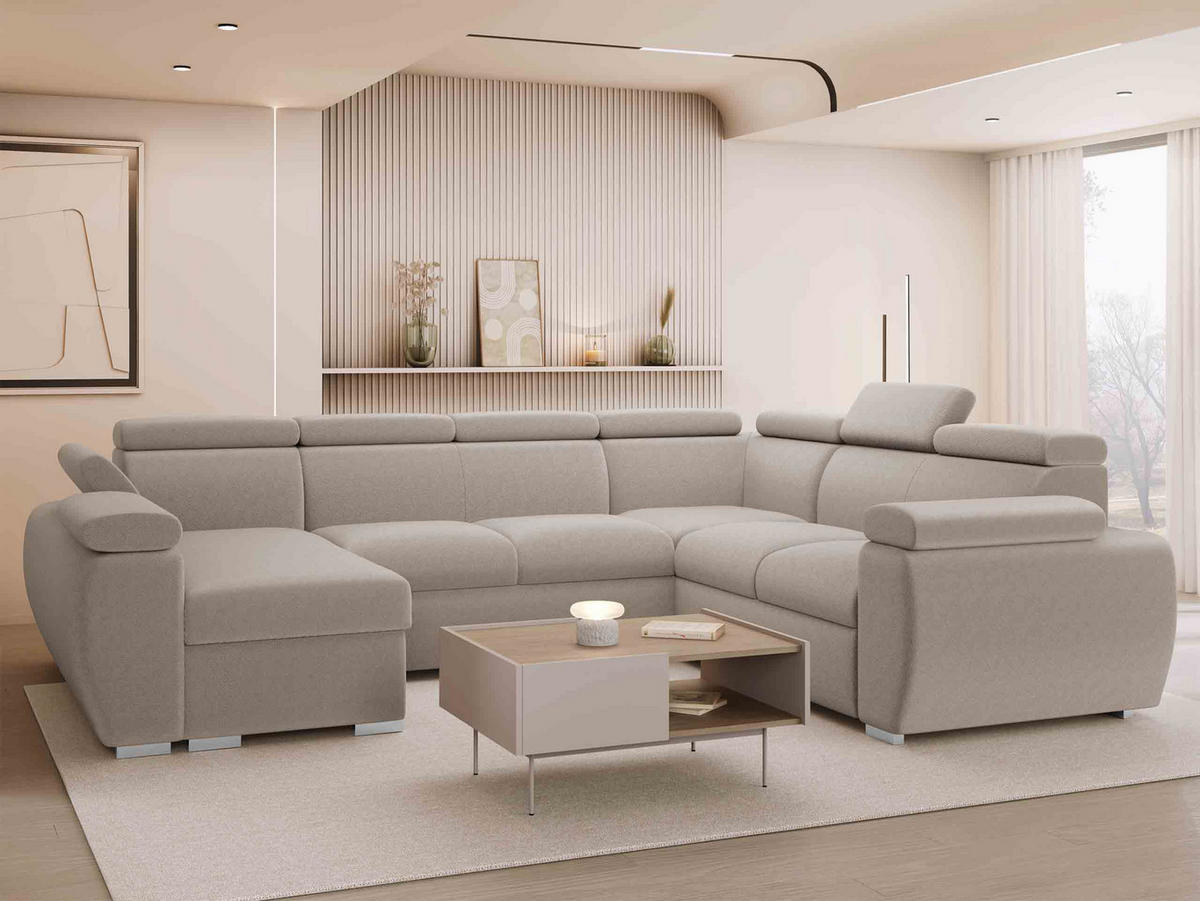 WOHNLANDSCHAFT Boston U, Seite: Links - LC+2P+R+2R - Chromfarben/Naturfarben, Holz/Textil (325/98/260cm) - MIRJAN24