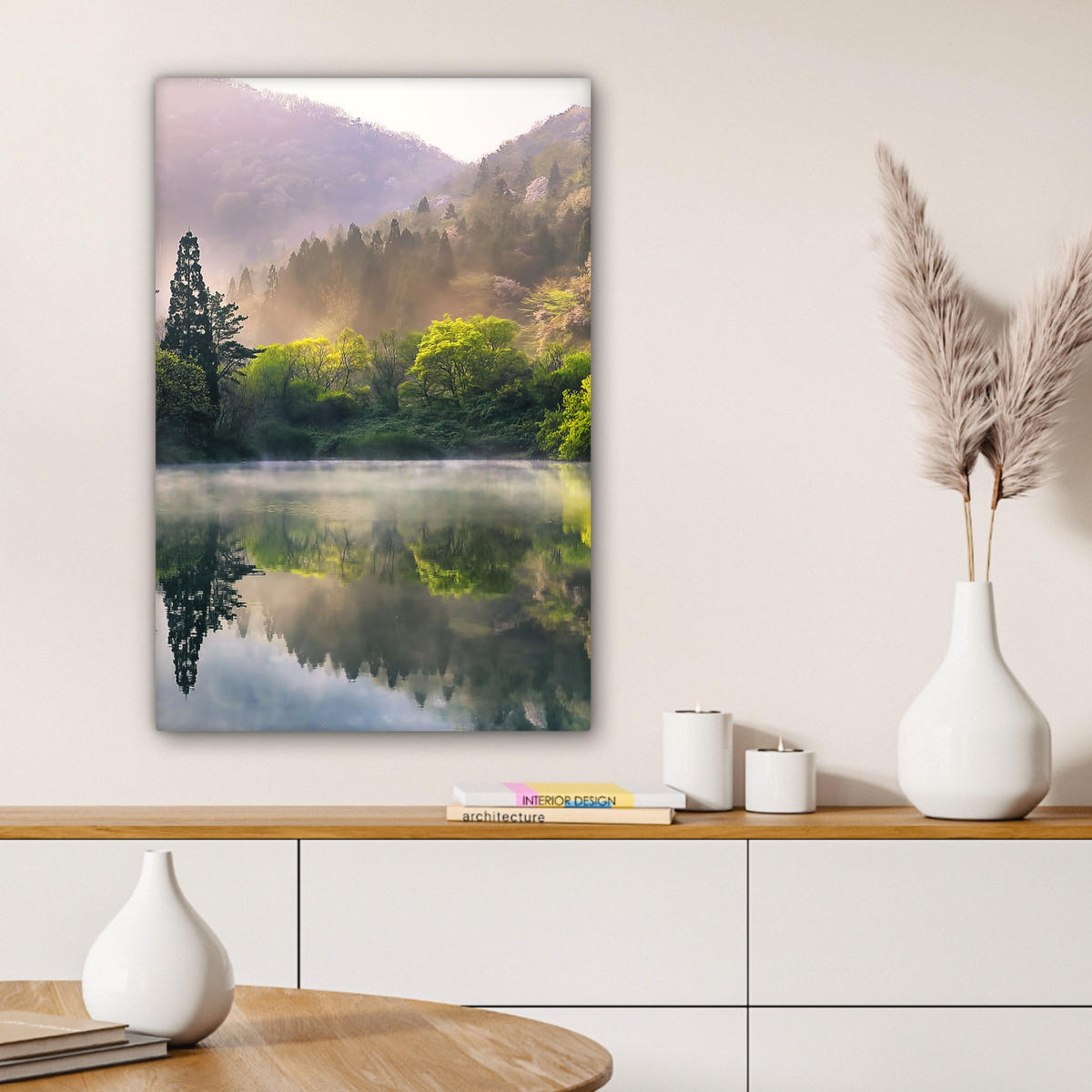 LEINWANDBILD Natur - Bäume - Berge - See - Wasser 40x60 cm - Hellgrün, Textil (40/60cm) - MuchoWow