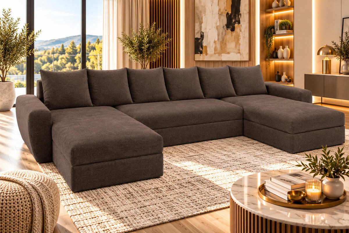 WOHNLANDSCHAFT PUMA U-Form 308 cm mit Schlaffunktion, Bettkasten, Kunstleder-Stoff oder Samt, verschiedene Farben - Schwarz/Braun, Kunststoff (308/85/140cm) - Wohnideebilder