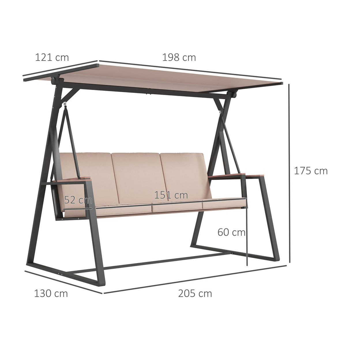 HOLLYWOODSCHAUKEL aus Stahl in Beige mit verstellbarem Sonnendach - Beige, Metall (205/175/130cm) - Modfu