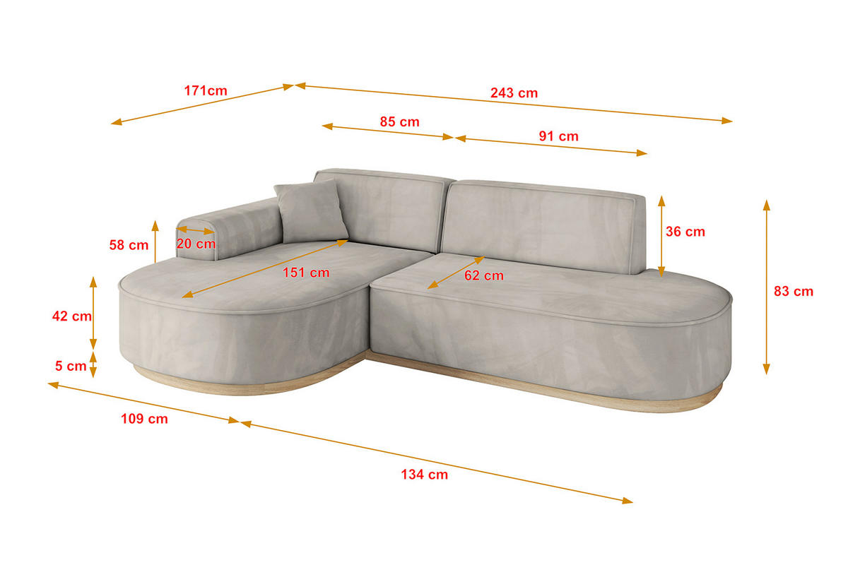 ECKSOFA Ottomane Links MARI-L1-v1 - 243x171x83 cm Hellbraun Velours - Hellbraun, Holzwerkstoff/Textil (243/171cm) - ALTDECOR