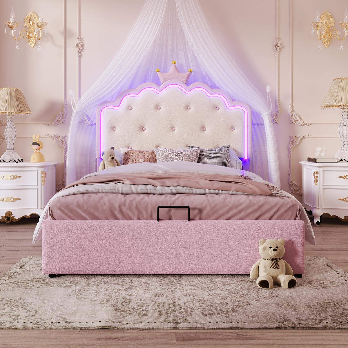 POLSTERBETT 140x200cm Rosa PU Kronprinzessinnenform Hydraulik LED-Licht - Pink, Holz (140/200cm) - FLIEKS