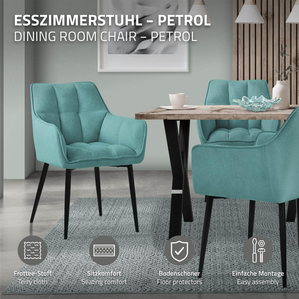 ESSZIMMERSTUHL 6er Set petrol - Petrol/Schwarz, Textil/Metall (63/90/57cm) - ML-DESIGN