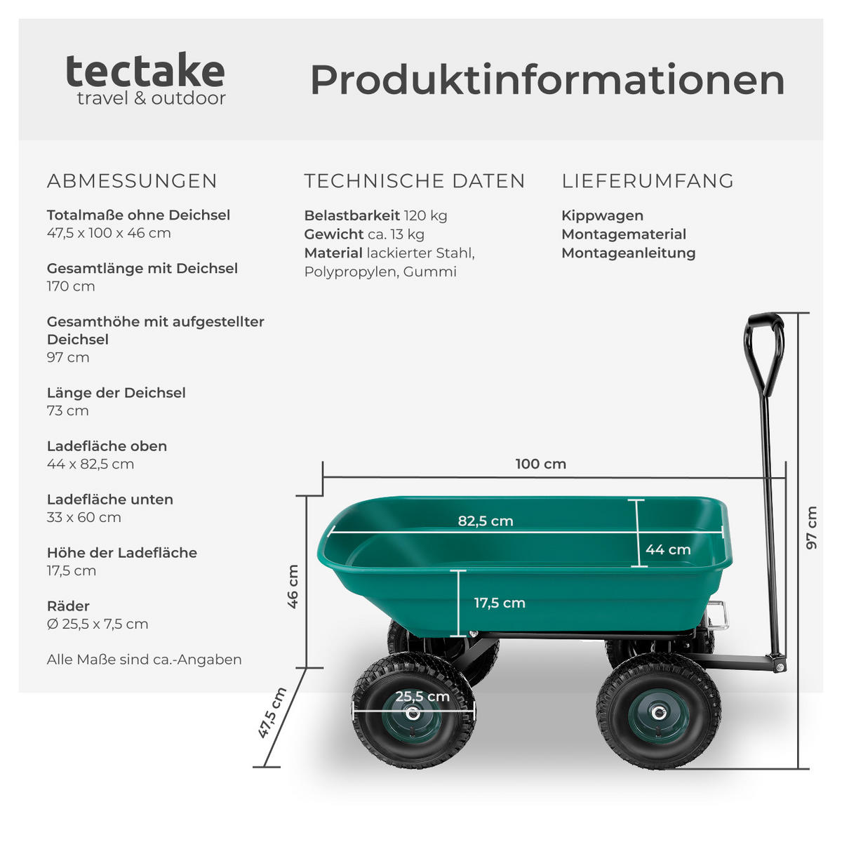 GARTENWAGEN Cubbi, Belastbarkeit 120 kg, grün - Grün, Metall (47.5/46/100cm) - tectake