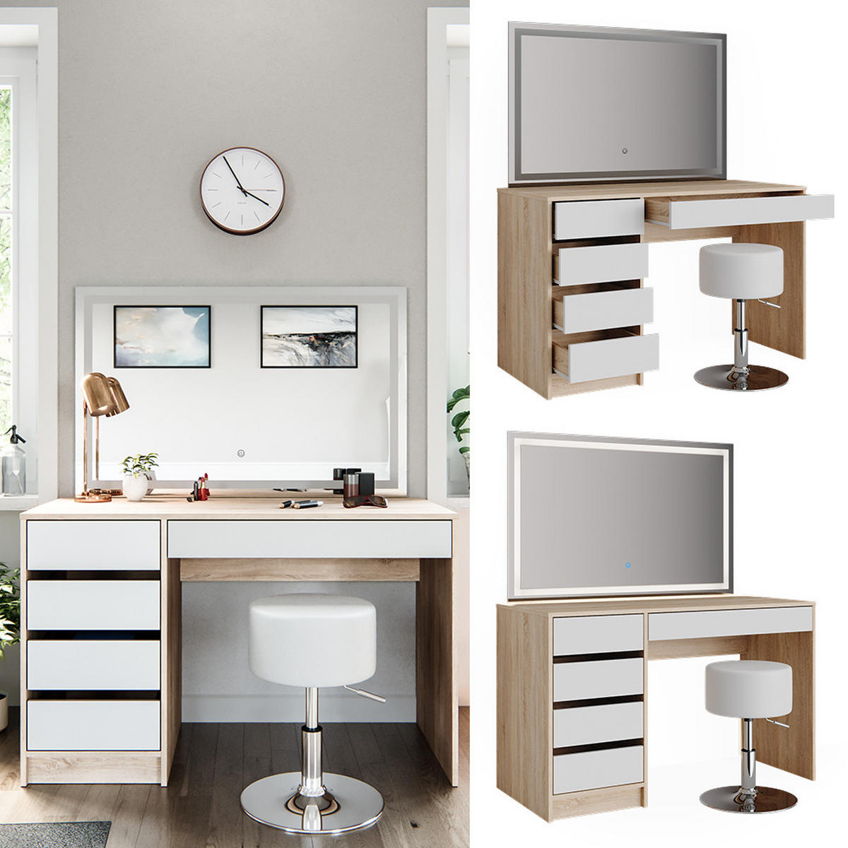 SCHMINKTISCH Sherry Weiß/Sonoma 120 cm mit LED-Spiegel und Hocker - Weiß/Sonoma Eiche, Holzwerkstoff (120/75/55cm) - Vicco