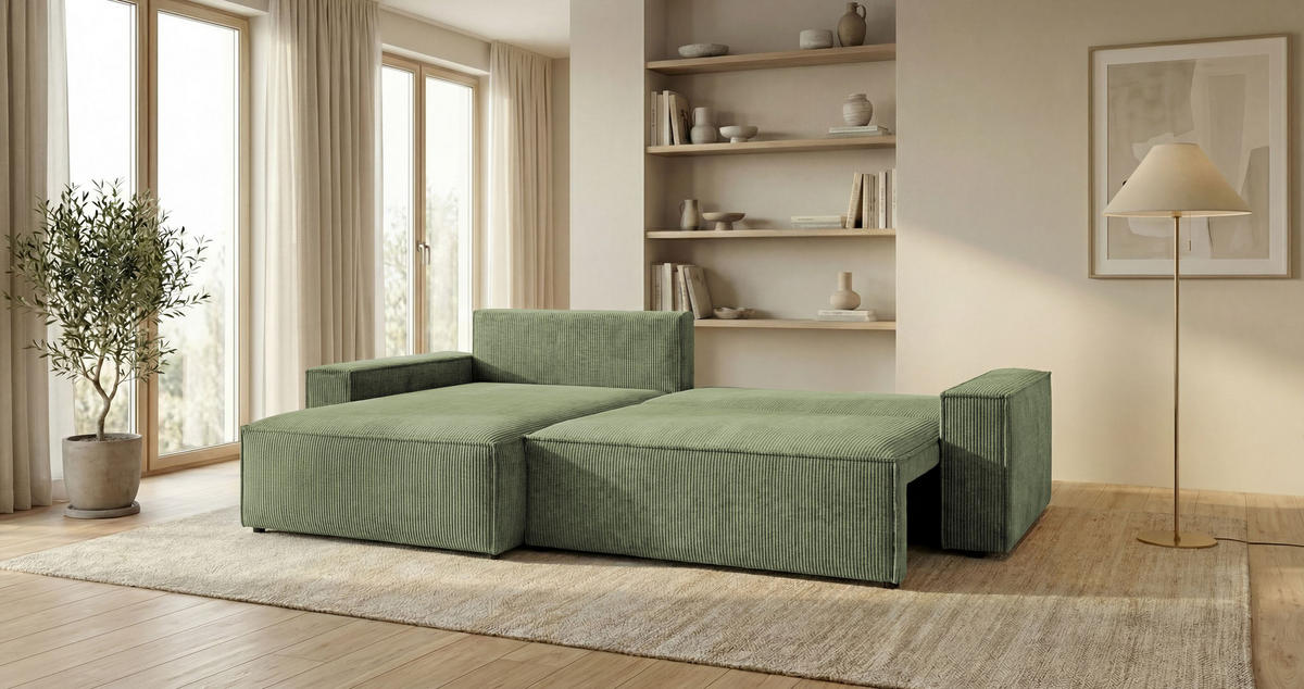 ECKSOFA VIENNA links hellgrün Cord Poso 47 - Schlaffunktion, Bettkasten - Hellgrün, Textil (285/185cm) - Cornero