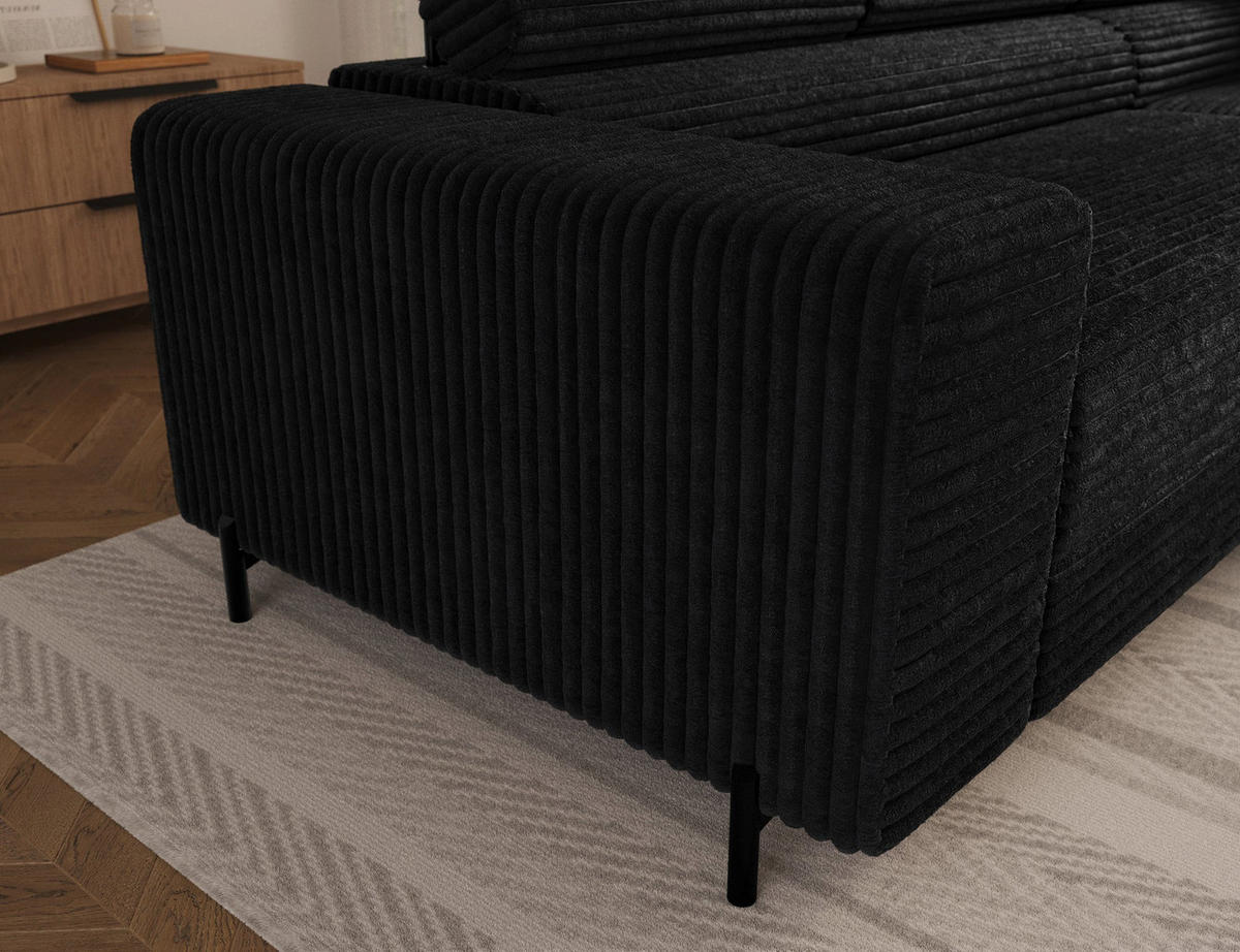 ECKSOFA COLESIO L-Form, Schlaffunktion, Bettkasten, verstellbare Kopfstützen, Wellenfederung, Metallfüße, breiter Cordstoff - Schwarz, Kunststoff/Metall (204/269cm) - Wohnideebilder