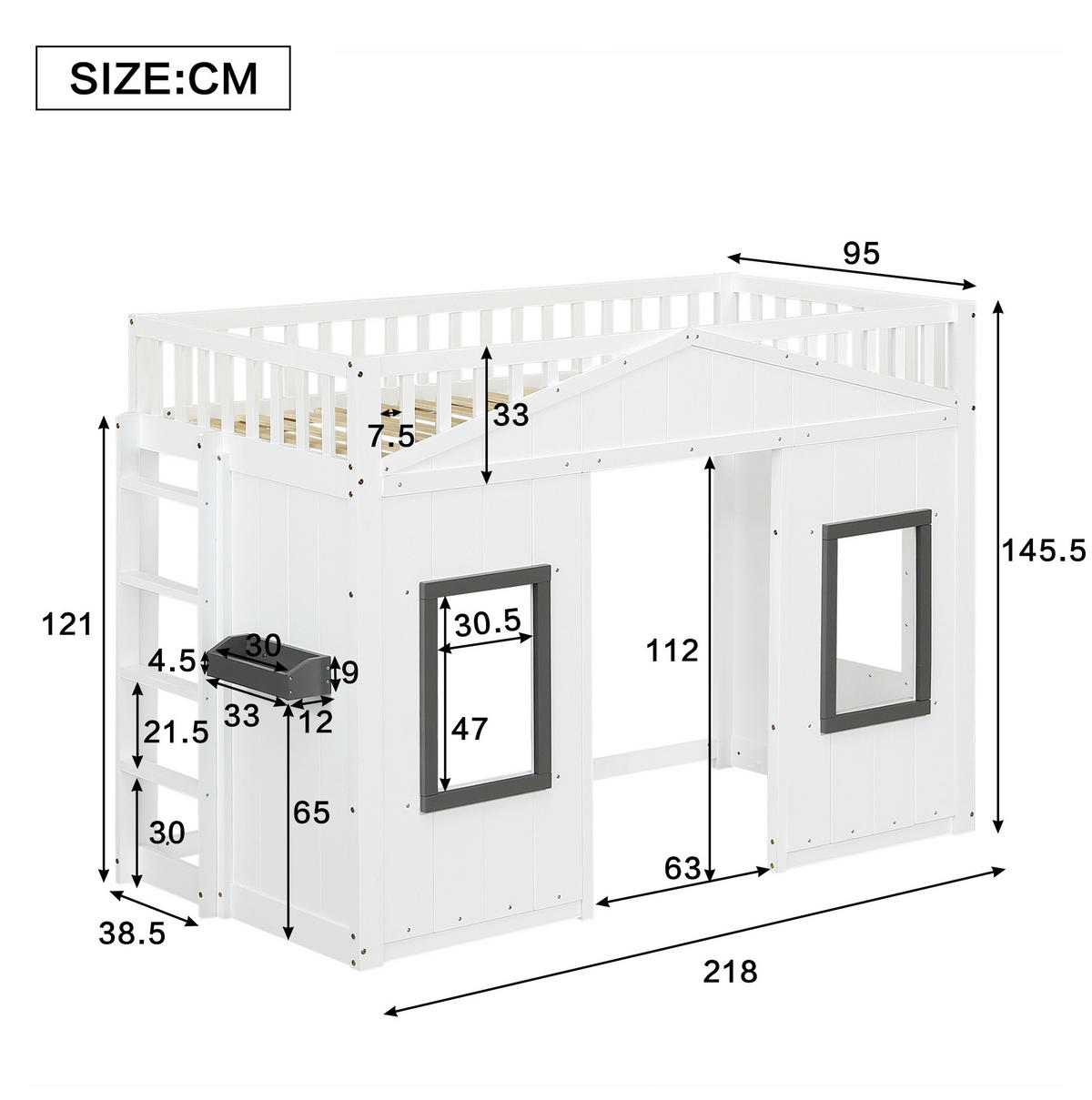 ETAGENBETT 90/200 cm mit Treppe, Fallschutz, Fenstern und Stauraum aus Kiefernholz und MDF, Weiß/Grau - Weiß, Holzwerkstoff (90/200cm) - Redom