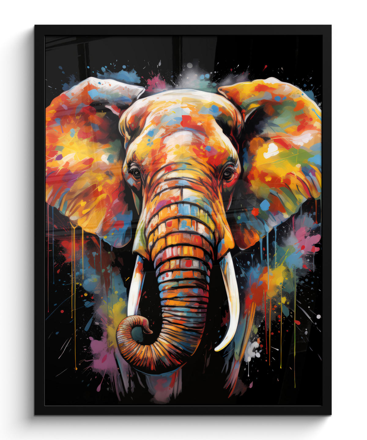 GERAHMTES BILD Elefant - Graffiti - Schwarz - Tiere - Farben 60x80 cm - Schwarz, Papier (60/80cm) - MuchoWow