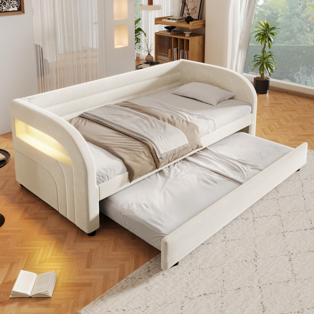 ČALOUNĚNÁ POSTEL 90/200 cm v béžové barvě s výsuvným lůžkem a LED - béžová, kov/kompozitní dřevo (90/200cm) - CHICFURN