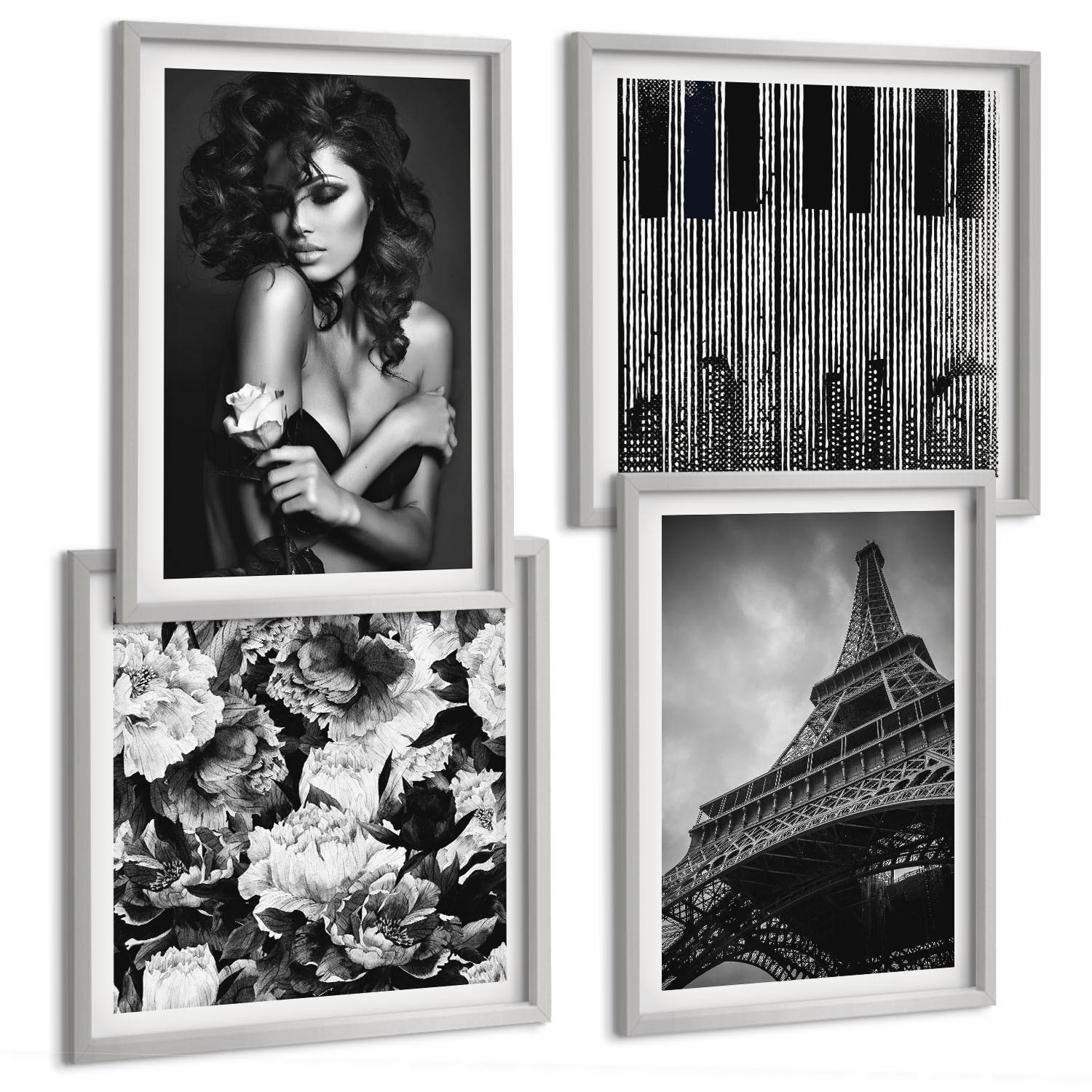 BILDER SET 4er Set - 50x50 cm & 40x60 cm Silberner Rahmen - Porträt einer Frau mit einer Eiffel-Rose - Silberfarben, Kunststoff (50/50cm) - TULUP