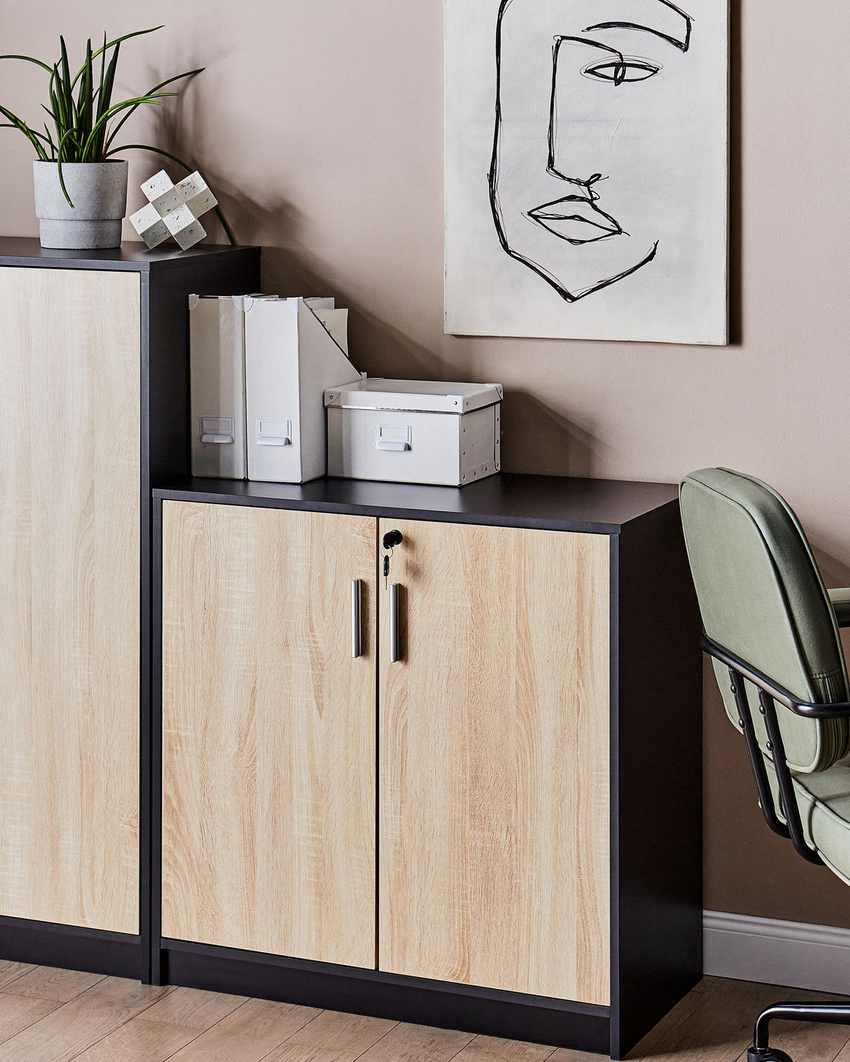 AKTENSCHRANK heller Holzfarbton/schwarz 80 cm 2 Türen Zehna - Hellbraun/Schwarz, Holzwerkstoff (80/80/40cm) - Beliani