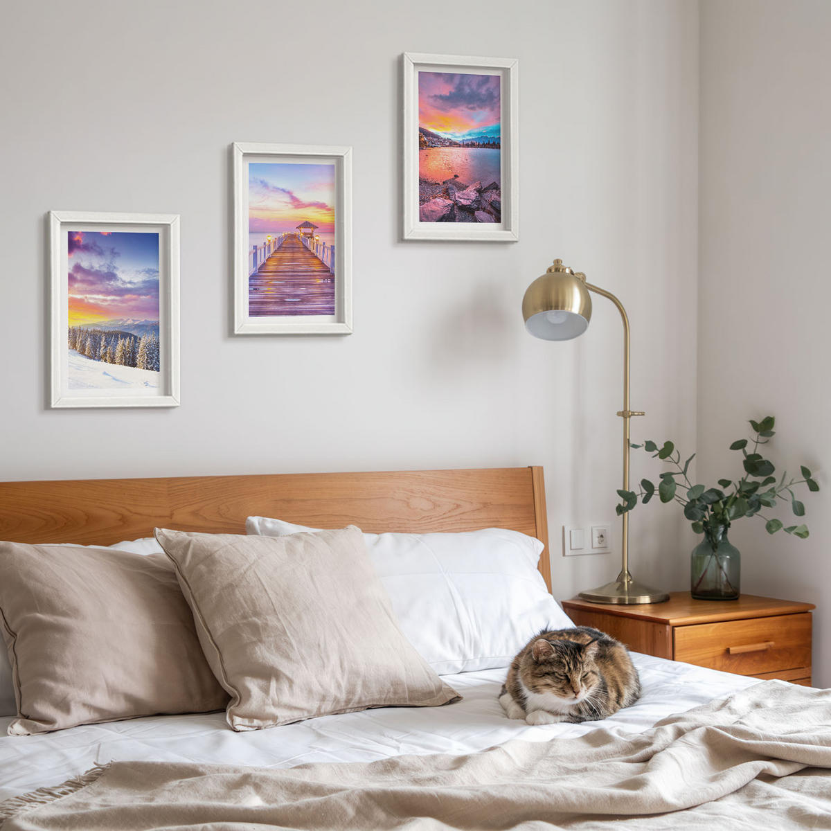 WANDBILDER 3er-Set - 20x30 cm Weißer Rahmen - Winterliche Bergseelandschaft - Weiß, Kunststoff (20/30cm) - ArtPrintCave