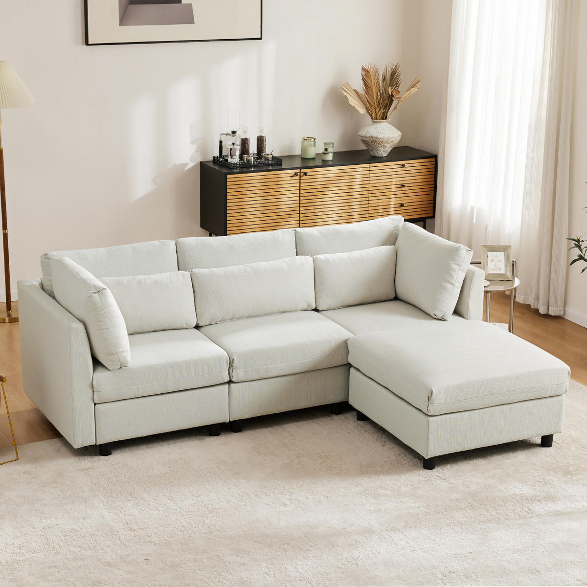 ECKSOFA Leinenstoff mit Fußhocker und Kissen 220/83/81 cm Beige - Beige, Textil (81/83cm) - Redom