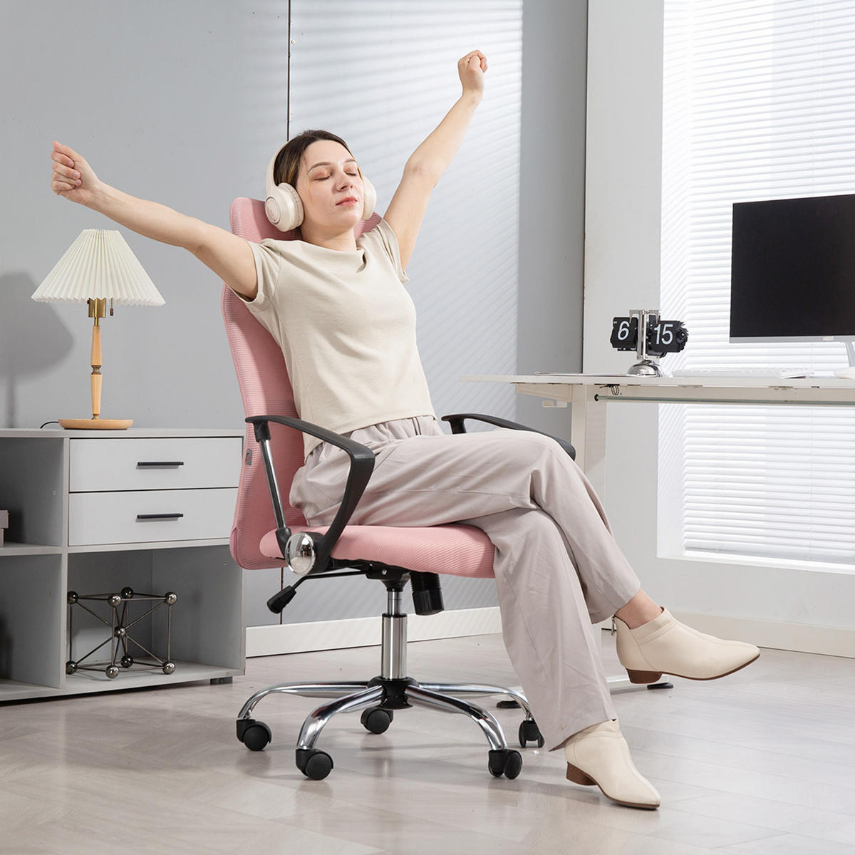 BÜROSTUHL Netz Stahl Rosa - Chromfarben/Schwarz, Kunststoff/Textil (65/119/63cm) - HOMCOM