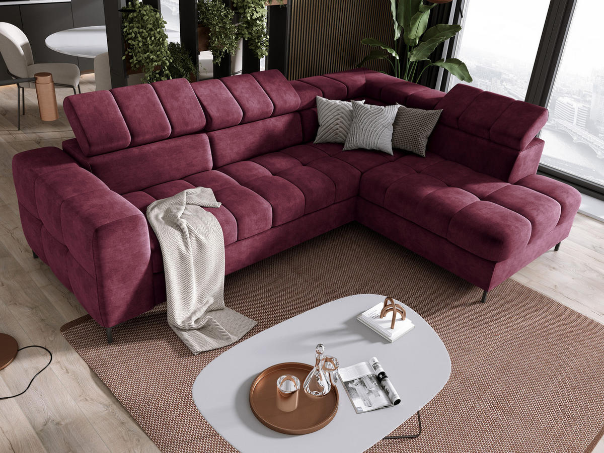 ECKSOFA PABLOS Cloud, L-förmig, Moderne, mit verstellbarem Kopfteil, Schlaf- & Lagermöglichkeiten, freistehend, RECHTS 279x201x97 cm Dark red - Dunkelrot, Holz/Textil (279/201cm) - DomoHome