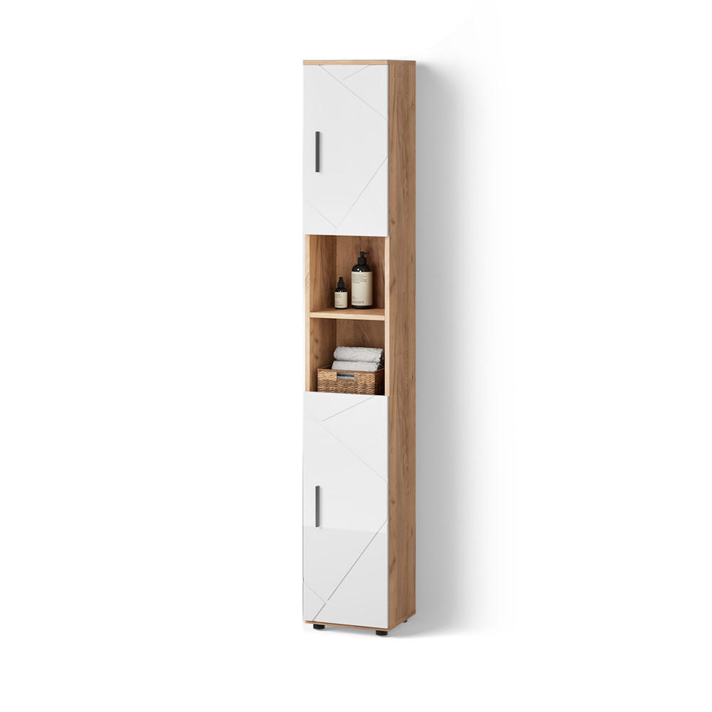 Livinity® KOUPELNOVÁ SKŘÍŇKA Ronco Bílý vysoký lesk/zlatý dub power 30 x 192 cm s dvířky a otevřenými přihrádkami