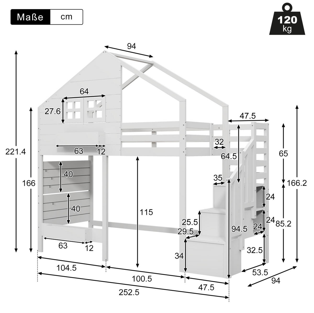 KINDEREINZELBETTEN aus Massivholz 90x200 cm in Weiß mit Stauraumtreppe & Fenster - Weiß, Holz (90/200cm) - Modfu