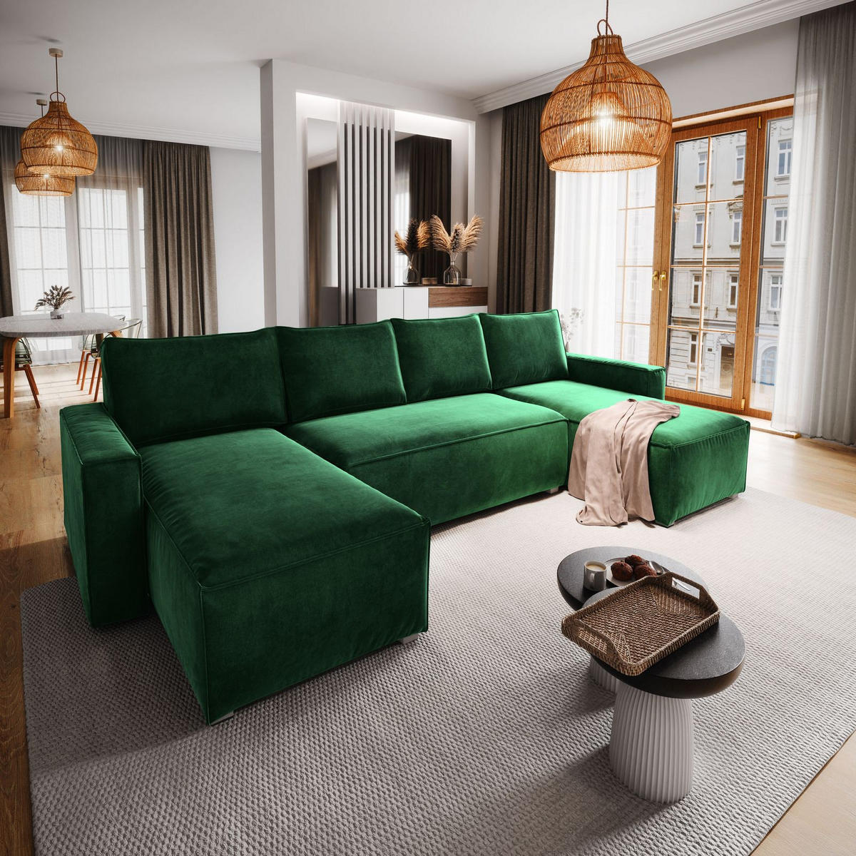 WOHNLANDSCHAFT DENI Grün Velours-Stoff mit Schlaffunktion - Grün, Holz (295/85/140cm) - MASSENO