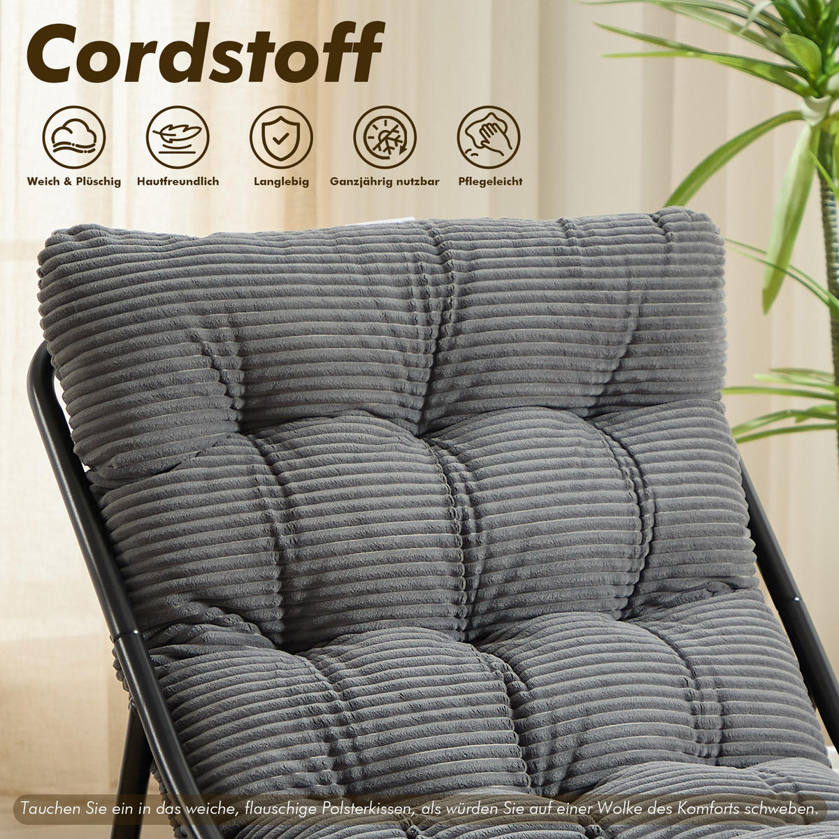 SESSELSET, Relaxsessel mit Hocker,Stahlrahmen,Cord,Grau - Dunkelgrau, Metall (78/86/65cm) - LVHOM