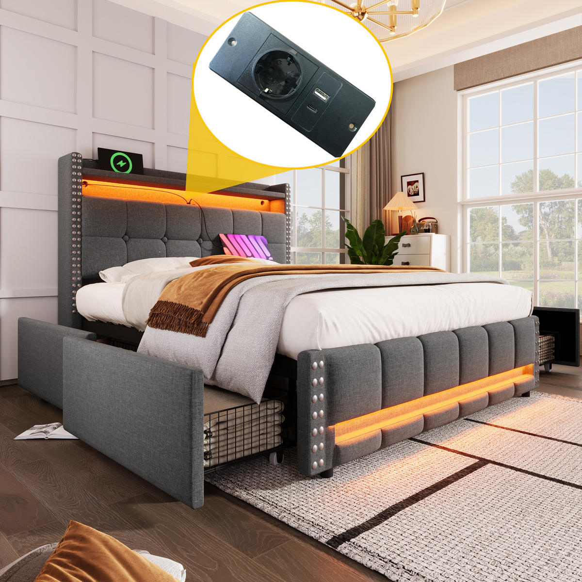 POLSTERBETT 140/200 cm in Grau Leinen mit LED, USB und Stauraum - Grau, Holzwerkstoff/Textil (140/200cm) - WISHDOR