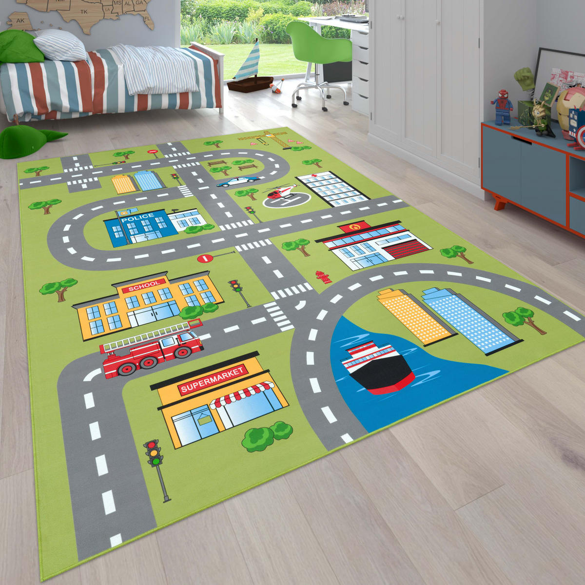 KINDERTEPPICH Waschbar, mit Stadtverkehrs-Motiv, Grün, 100 x 200 cm - Grün, Textil (100/200cm) - KADIMA DESIGN