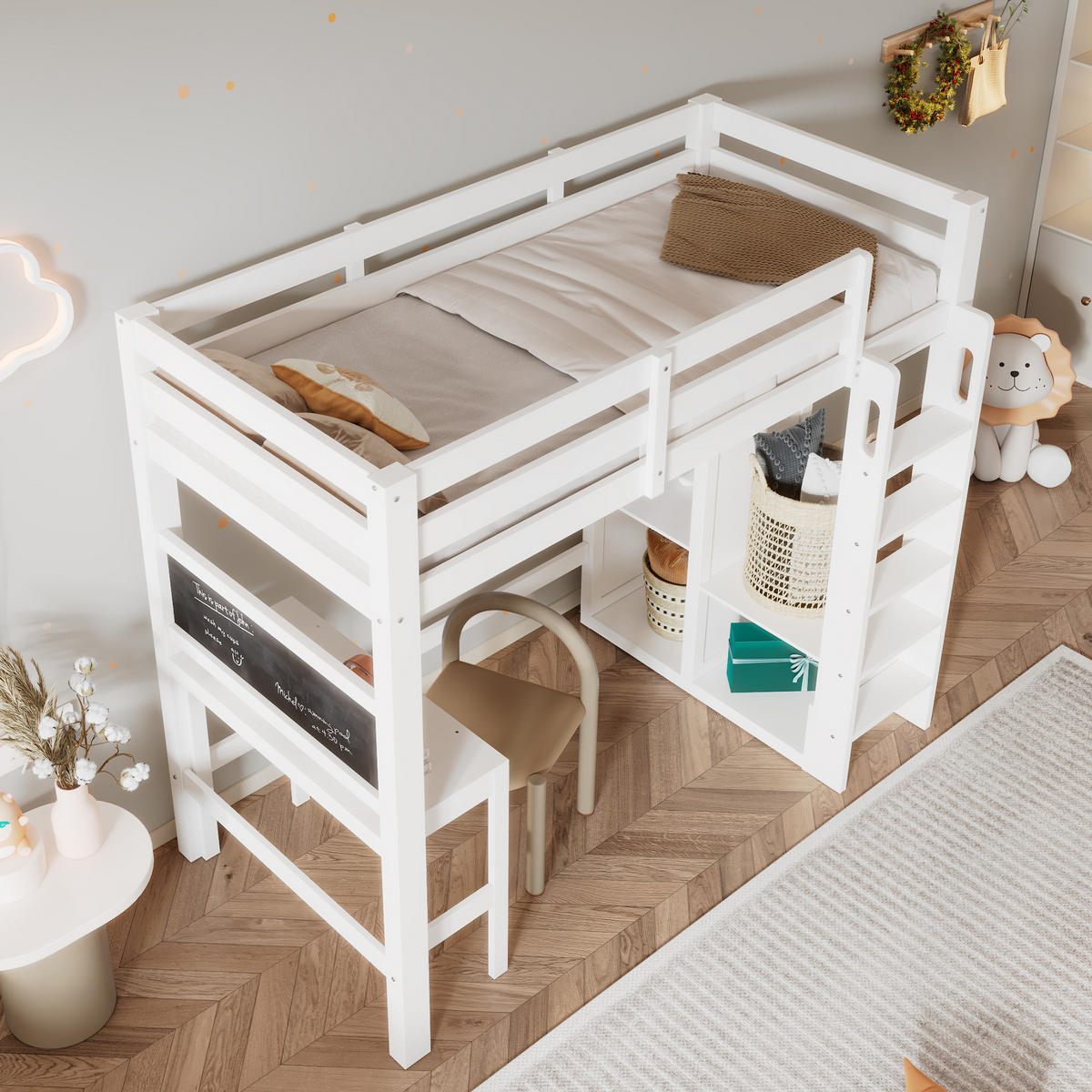 HOCHBETT 90/200 cm in Weiß Kinderbett mit Schreibtisch, Kleiderschrank, Regal und Kreidetafel - Weiß, Holzwerkstoff (90/200cm) - STILVORA
