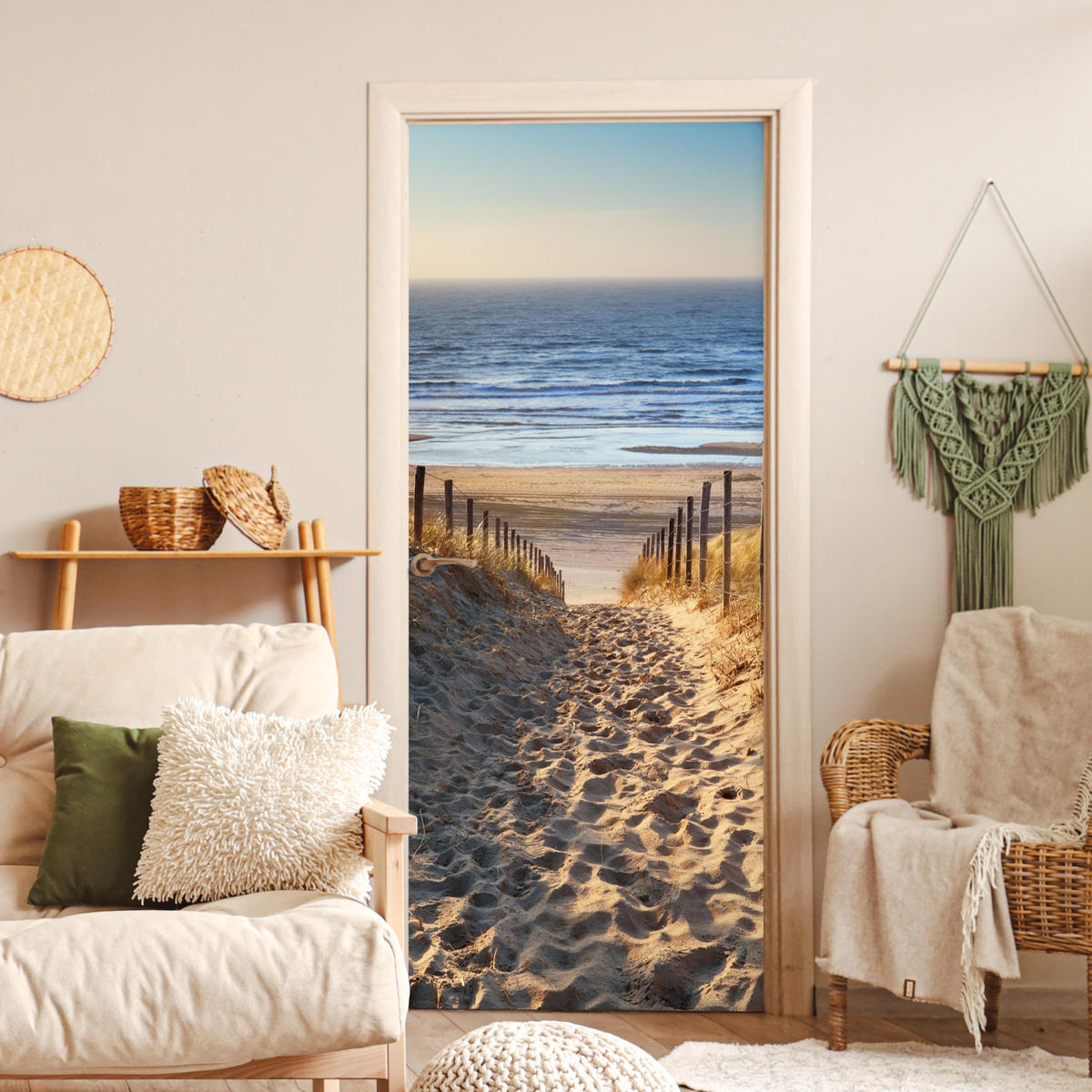 TÜRAUFKLEBER Selbstklebend - Strand - Meer - Niederlande - Dünen - Sonne 95x215 cm - Türtapete - Blau, Kunststoff (95/0.1cm) - MuchoWow