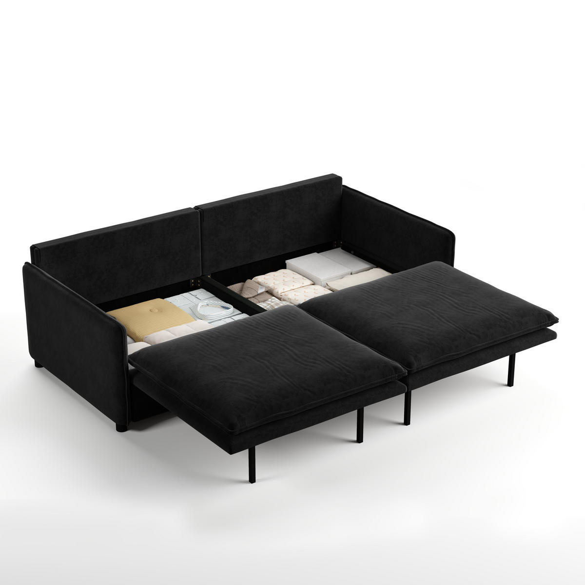 SCHLAFSOFA 3-in-1 ausziehbar mit Staufach, DE-42857, Schwarz - Schwarz, Holzwerkstoff (206/86/91cm) - ComfortXL