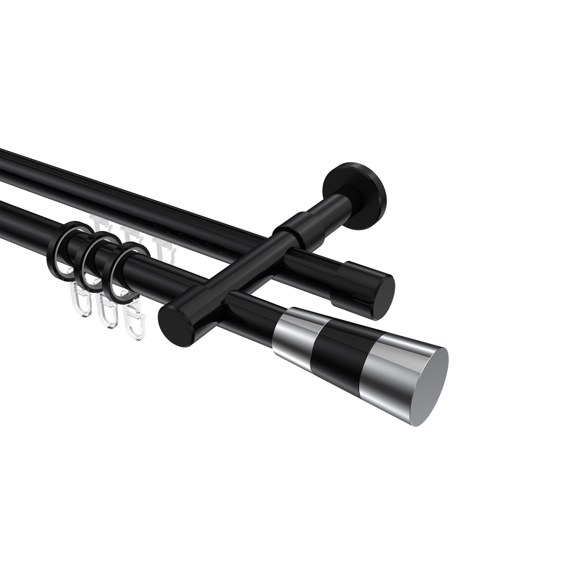 RUNDROHR-INNENLAUF-GARDINENSTANGEN-SET Prestige Tanara 420 cm (geteilt in 3 x 140 cm), 2-läufig, 20 mm Ø Schwarz - Chromfarben/Schwarz, Metall (420cm) - INTERDECO