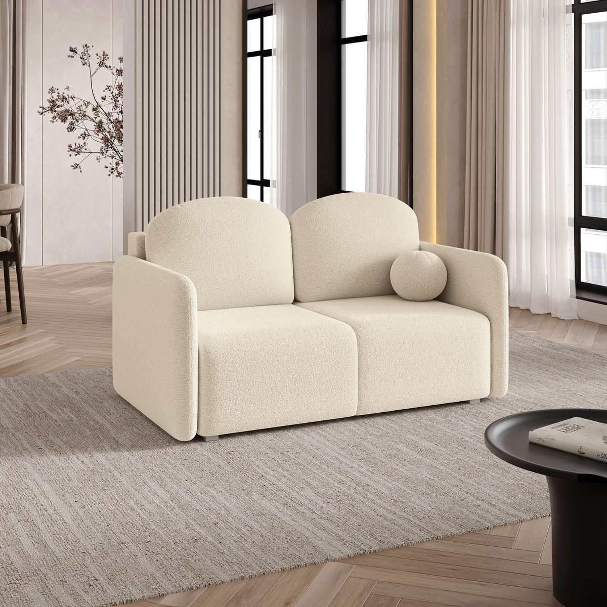 BETTSOFA SUVI II Q Creme Bucle-Stoff mit Schlaffunktion - Creme, Textil (90/85/153cm) - MASSENO