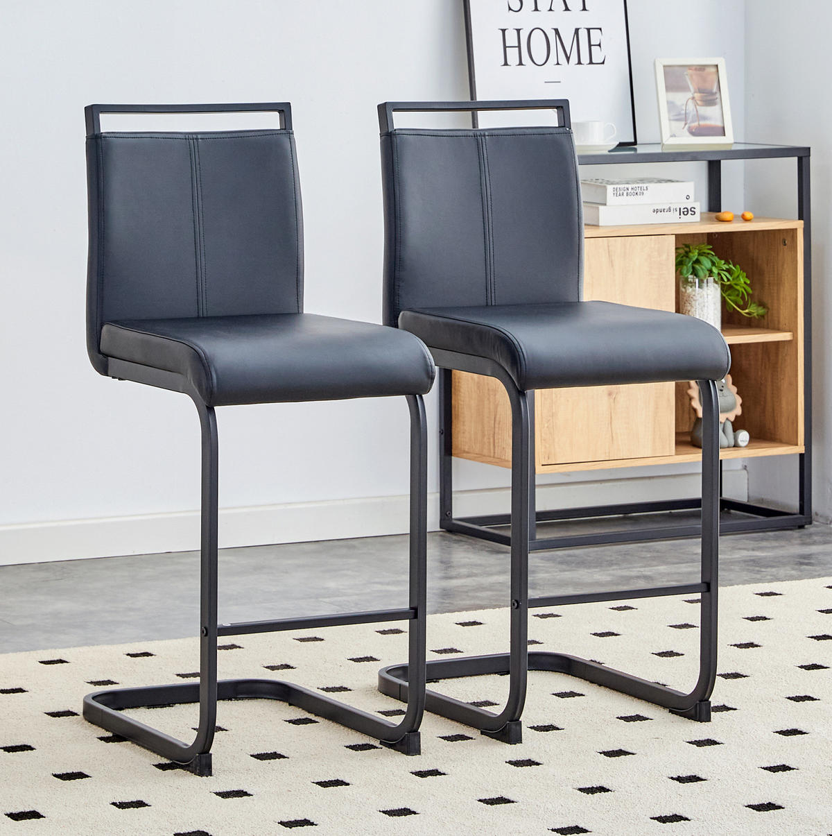 BARHOCKER 2er-Set mit Fußstütze Höhe 96,5 cm PU-Leder Schwarz - Schwarz, Metall (46.5/96.5/39cm) - Meubliv