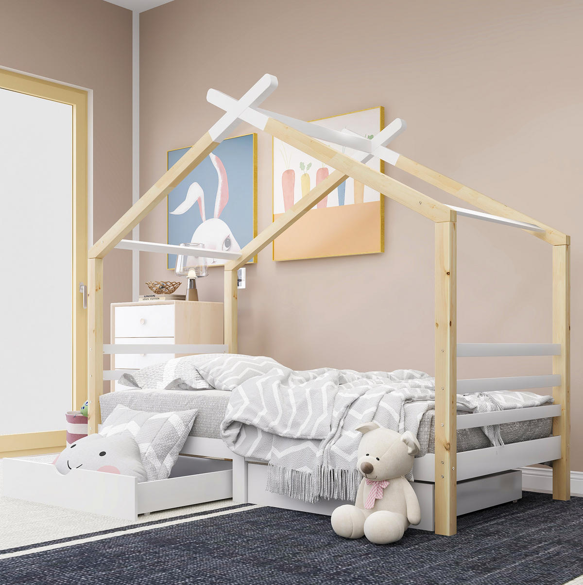 KINDERBETT 90/200 cm Weiß aus Kiefer-Massivholz und MDF mit Schubladen - Weiß, Holz (90/200cm) - OKMYHOME