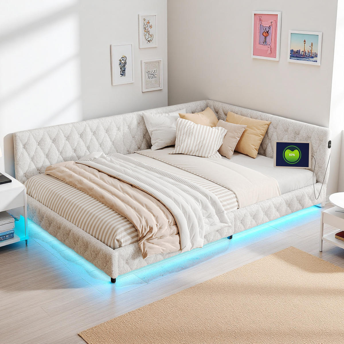 POLSTERBETT 140/200 cm Beige mit LED-Beleuchtung und USB - Beige, Holz (140/200cm) - SHOPENTRA