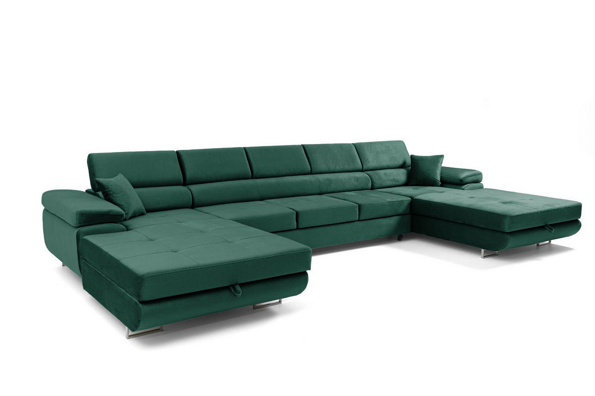 ECKSOFA U-Form ALONZO MAXI U mit Schlaffunktion 125x318 Velours Grün - Silberfarben/Grün, Holz/Textil (400/90/203cm) - Muffo