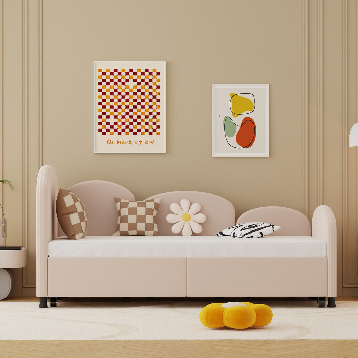 KINDERBETT 90/200 cm pink Blumendesign mit Stauraum - Rosa, Textil (90/200cm) - OKWISH