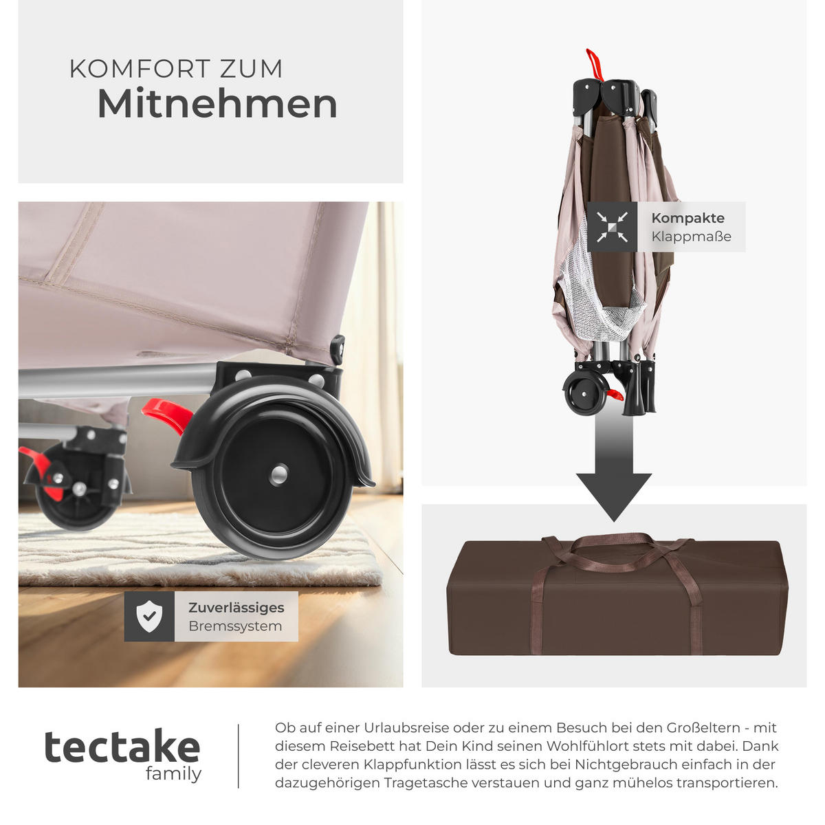 KINDER REISEBETT ,inklusive Tragetasche, 126 x 65 x 80 cm,coffee - Schwarz, Textil (65/80/126cm) - tectake
