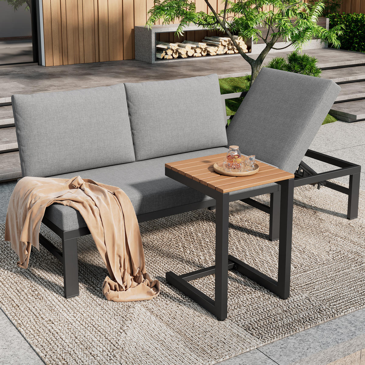 GARTENMÖBEL-SET 3-Sitzer Sofa Verstellbar Tisch Stahl Grau - Grau, Textil - FLIEKS