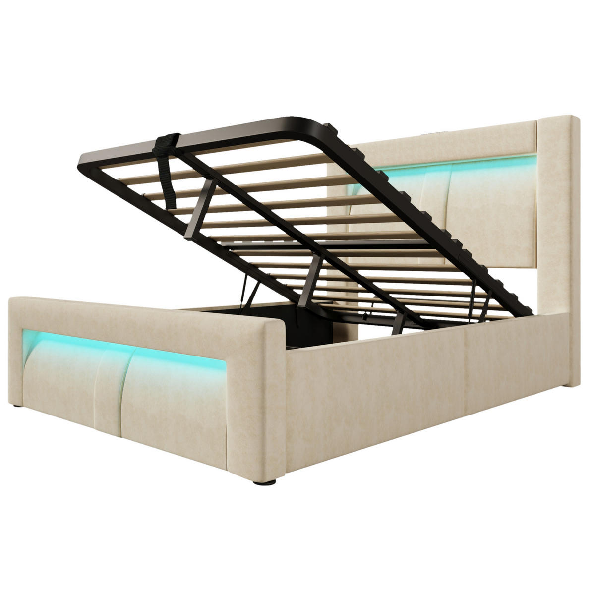 POLSTERBETT 90/200 cm Beige mit Stauraum, LED-Beleuchtung und Matratze - Beige, Textil (90/200cm) - Flora Grace