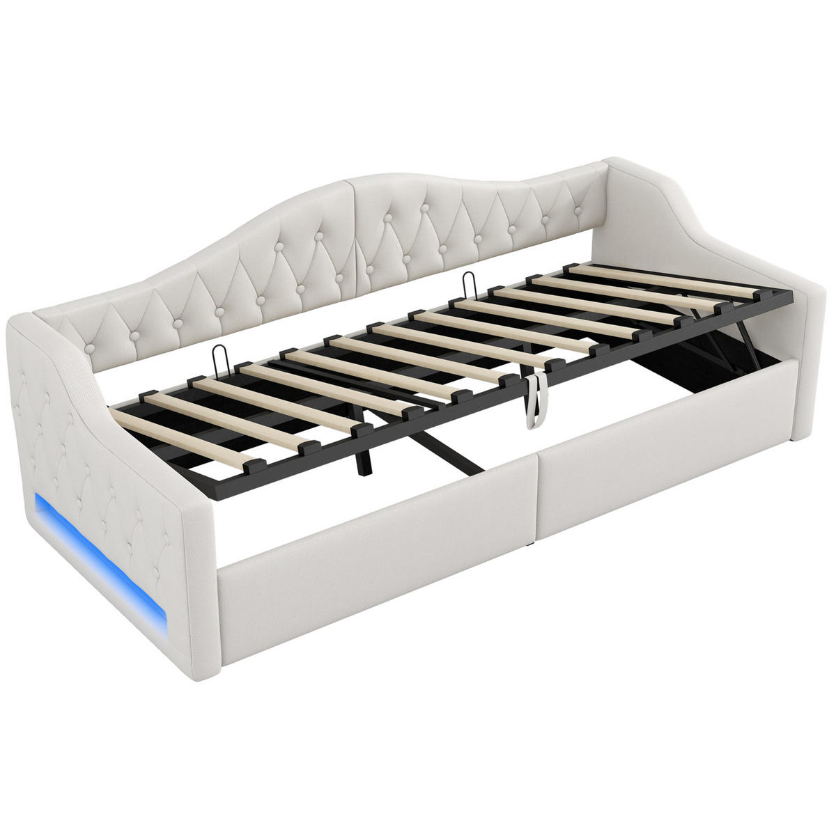 POLSTERBETT 90/200 cm Beige mit LED-Beleuchtung und Stauraum aus Leinen - Beige, Holzwerkstoff (90/200cm) - OKWISH