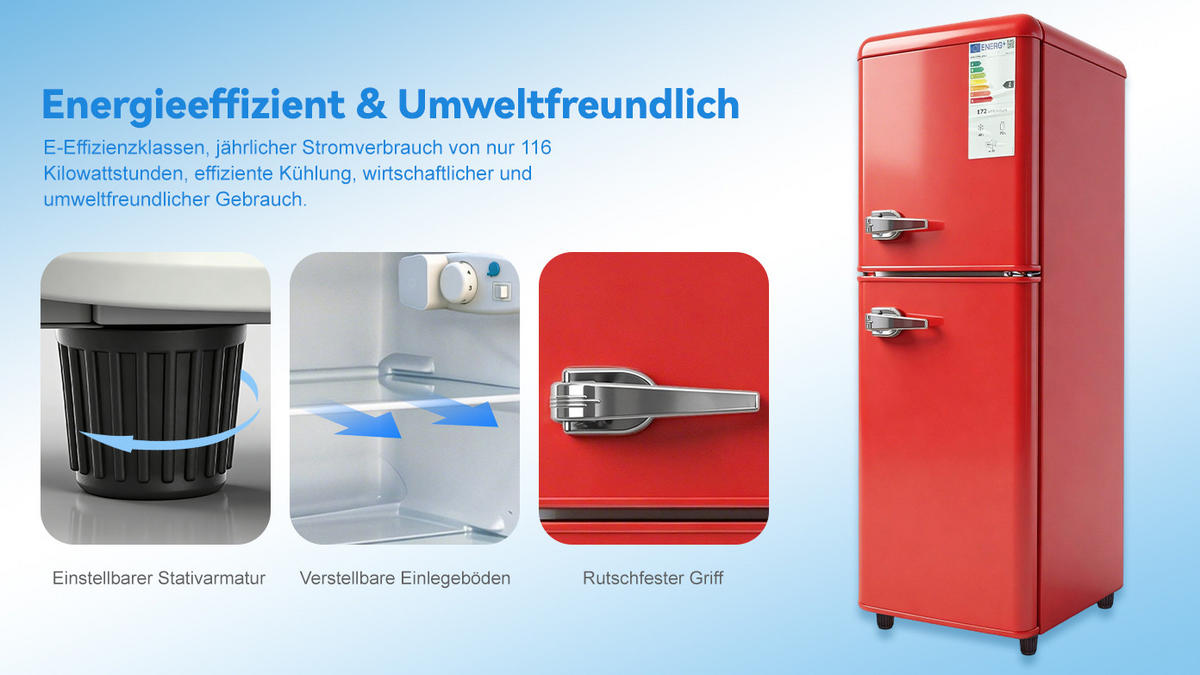 KÜHL-GEFRIER-KOMBINATION 112 l, 72 l Kühlvolumen, 40 l Gefriervolumen, Energieeffizienzklasse E, Rot - Rot, Metall (48.5/67/41cm) - FOHERE