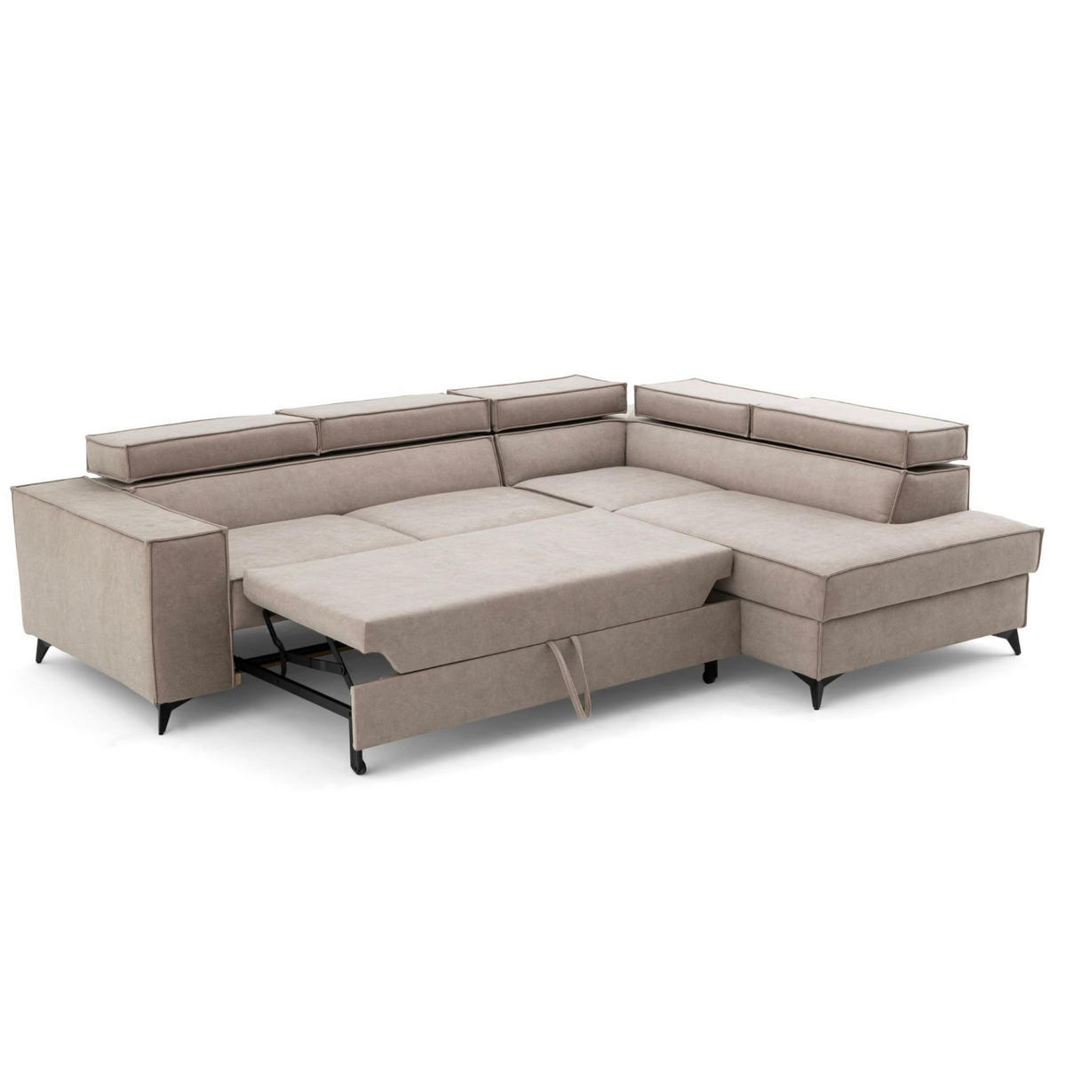 ECKSOFA PURE L Rechts mit Schlaffunktion 127x199 Velours Creme - Creme/Schwarz, Holz/Textil (204/281cm) - Muffo